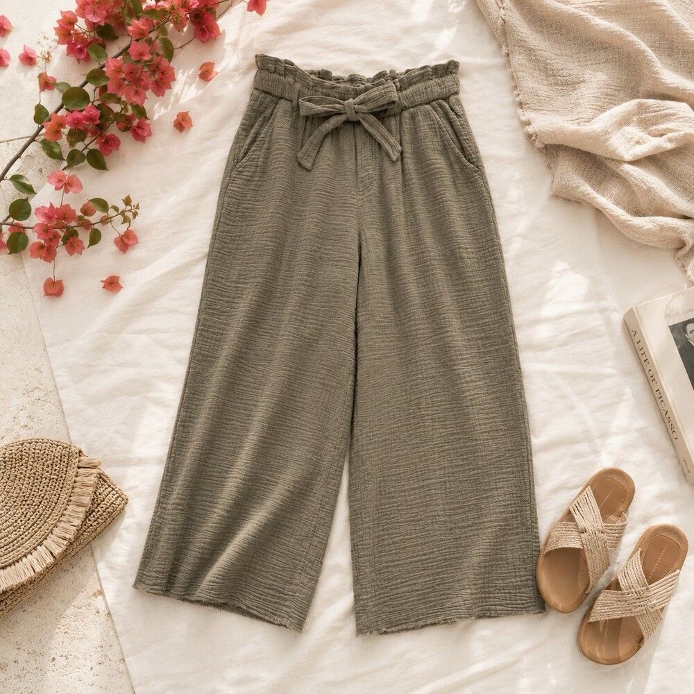 Olive Cotton Gauze Wide Leg Crop Pants Tie Waist Coastal Boho Lounge Large